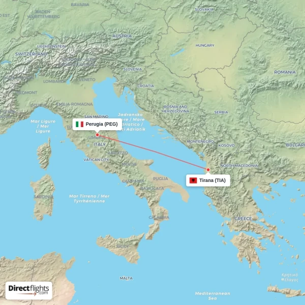 Perugia - Tirana direct flight map