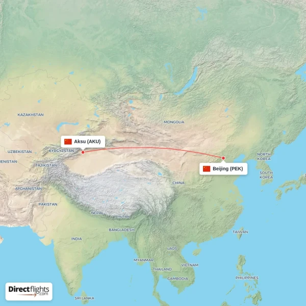 Beijing - Aksu direct flight map