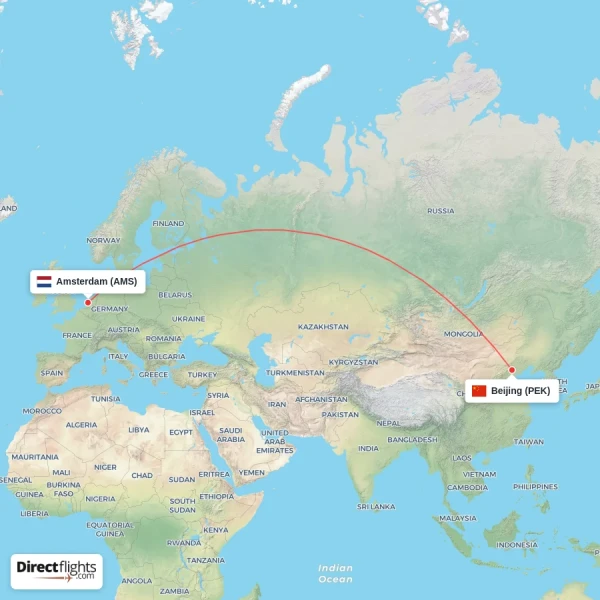 Beijing - Amsterdam direct flight map