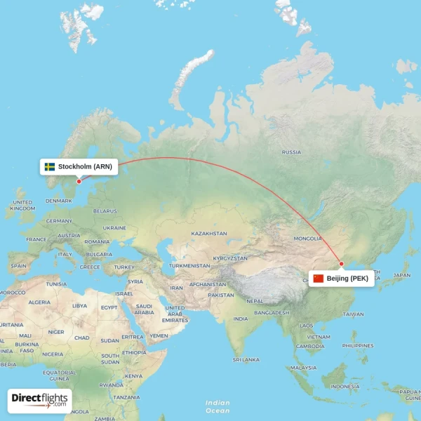 Beijing - Stockholm direct flight map