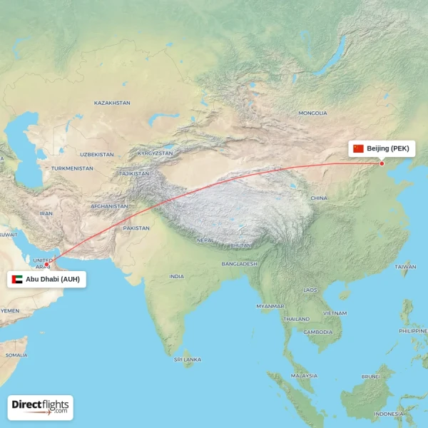 Beijing - Abu Dhabi direct flight map