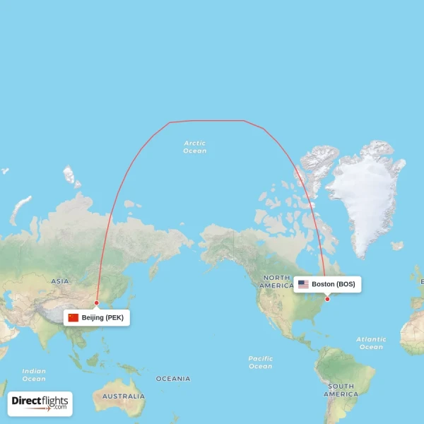Beijing - Boston direct flight map