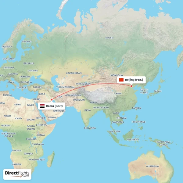 Beijing - Basra direct flight map