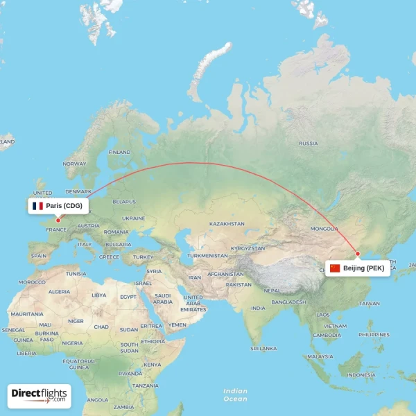 Beijing - Paris direct flight map