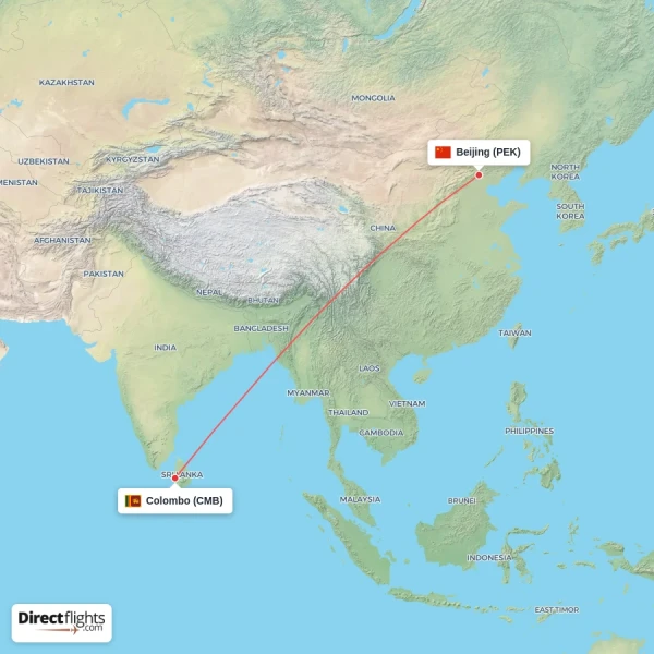 Beijing - Colombo direct flight map