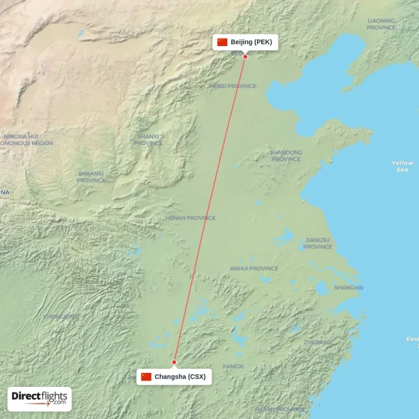 Beijing - Changsha direct flight map