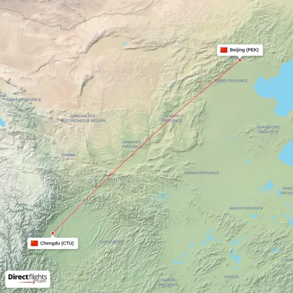 Beijing - Chengdu direct flight map