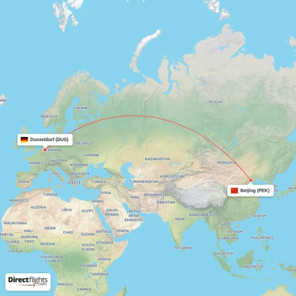 Beijing - Dusseldorf direct flight map