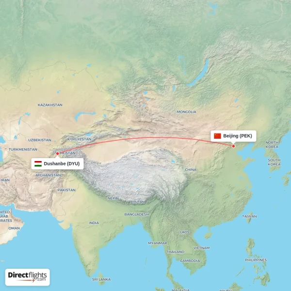 Beijing - Dushanbe direct flight map