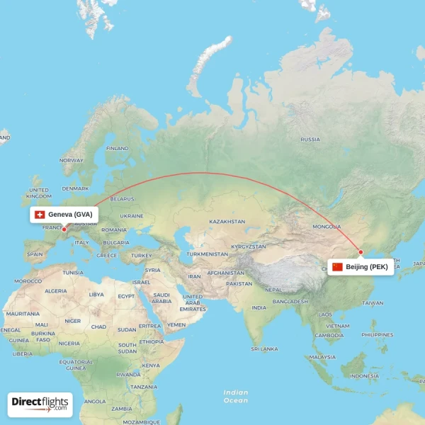 Beijing - Geneva direct flight map