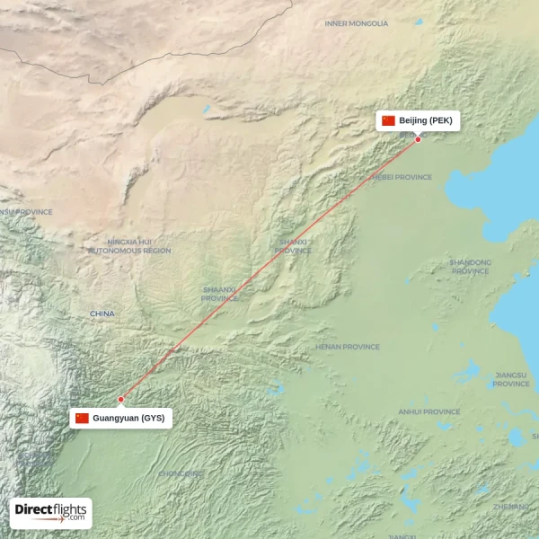 Beijing - Guangyuan direct flight map