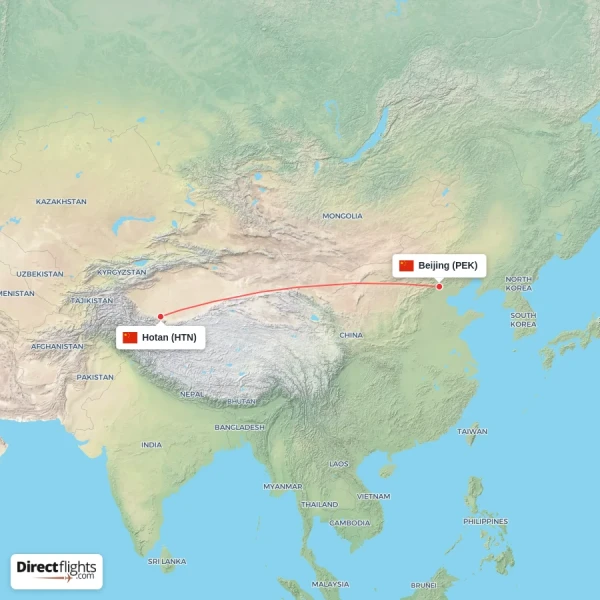 Beijing - Hotan direct flight map