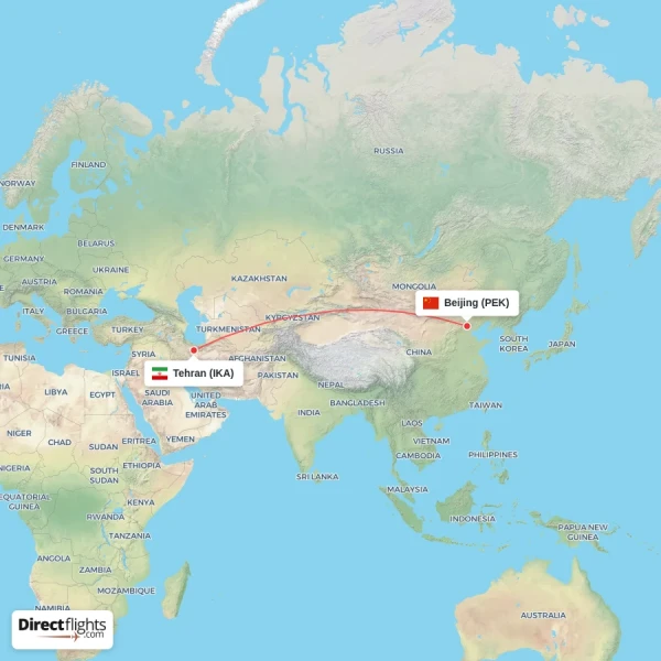 Beijing - Tehran direct flight map