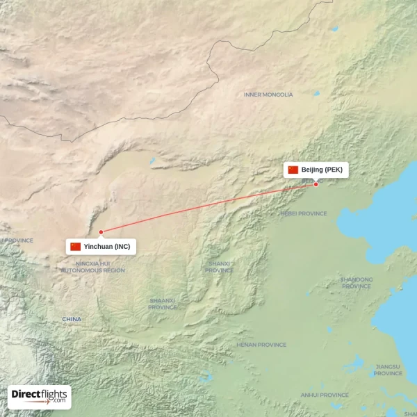 Beijing - Yinchuan direct flight map