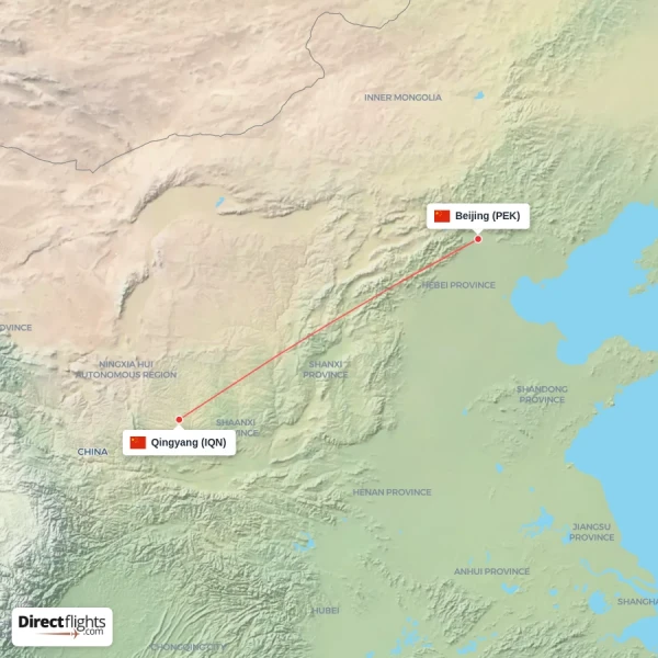 Beijing - Qingyang direct flight map