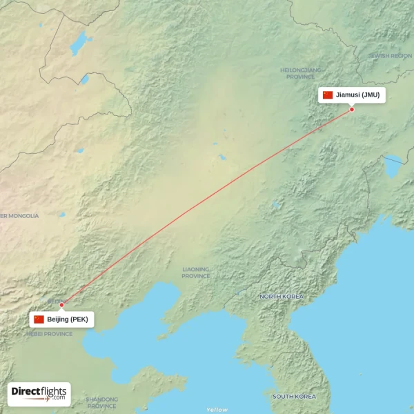 Beijing - Jiamusi direct flight map