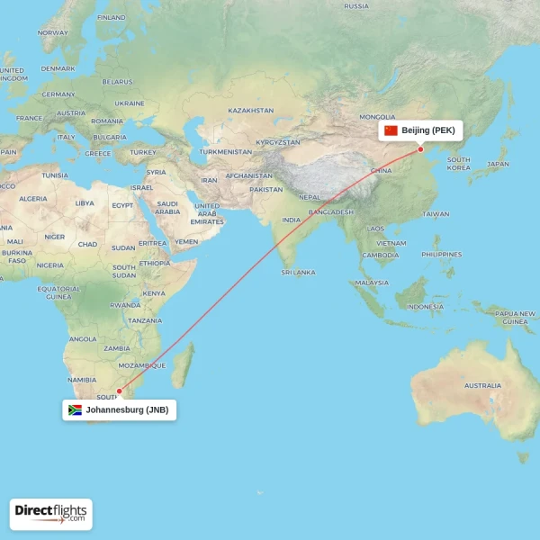 Beijing - Johannesburg direct flight map