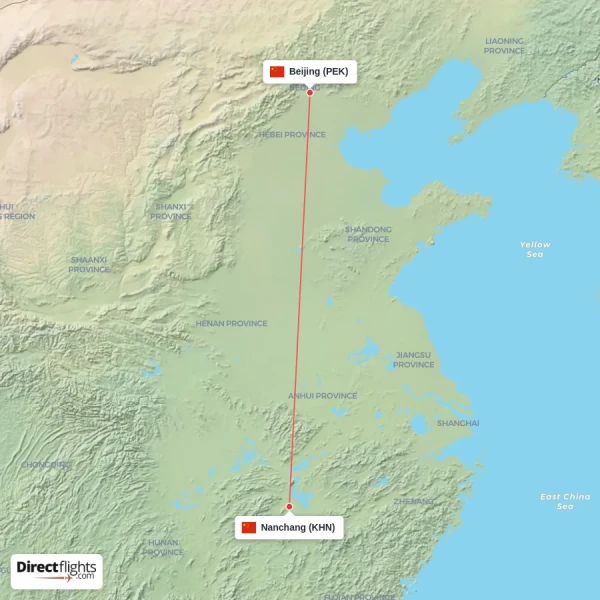 Beijing - Nanchang direct flight map