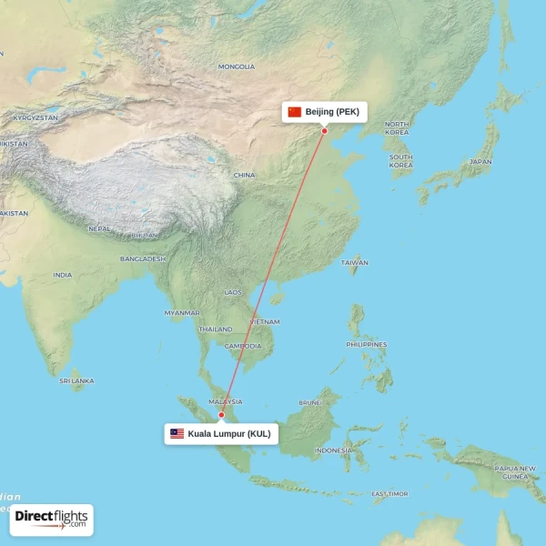 Beijing - Kuala Lumpur direct flight map