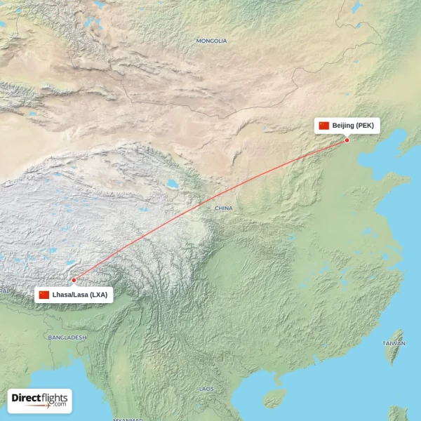 Beijing - Lhasa/Lasa direct flight map