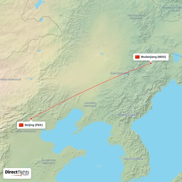 Beijing - Mudanjiang direct flight map