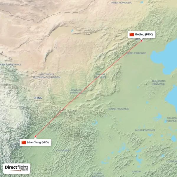 Beijing - Mian Yang direct flight map