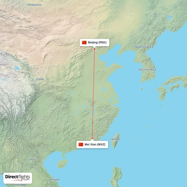 Beijing - Mei Xian direct flight map