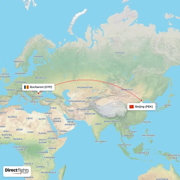 Beijing - Bucharest direct flight map