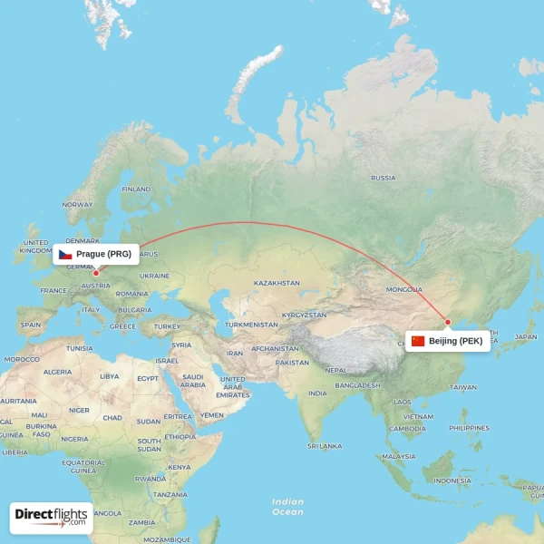 Beijing - Prague direct flight map