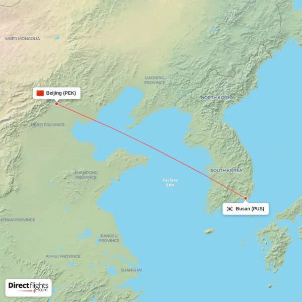 Beijing - Busan direct flight map