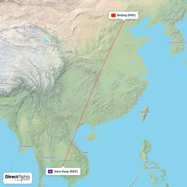 Beijing - Siem Reap direct flight map