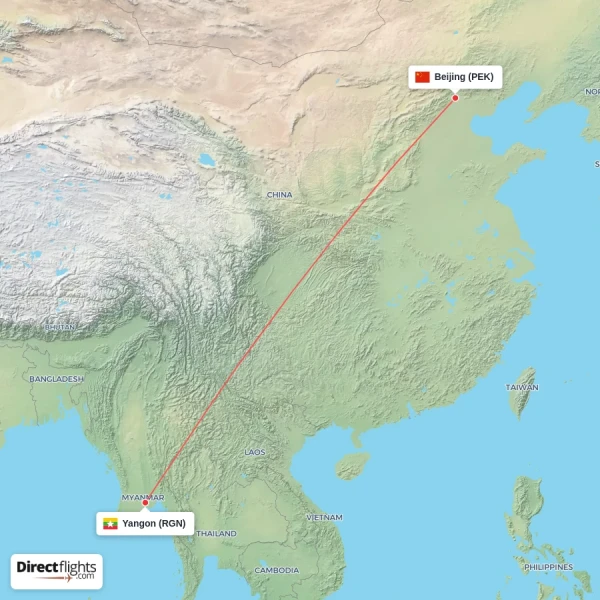 Beijing - Yangon direct flight map