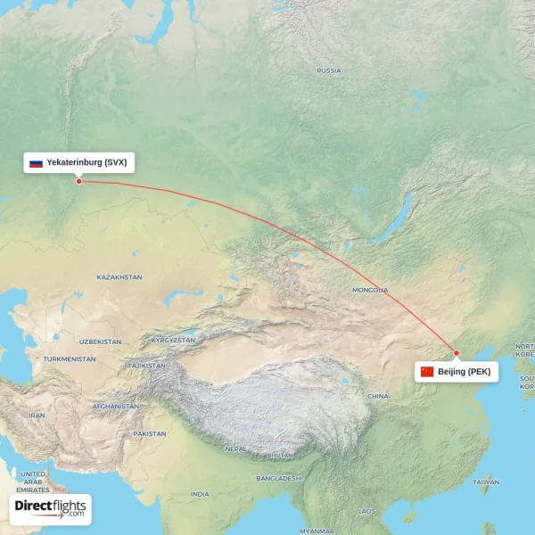 Beijing - Yekaterinburg direct flight map