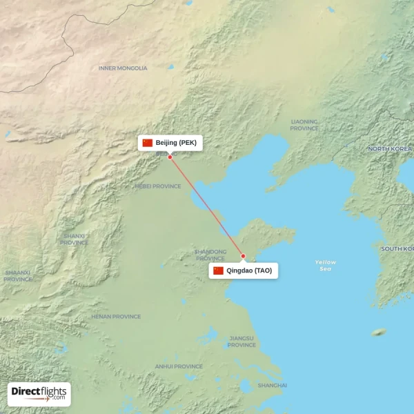 Beijing - Qingdao direct flight map