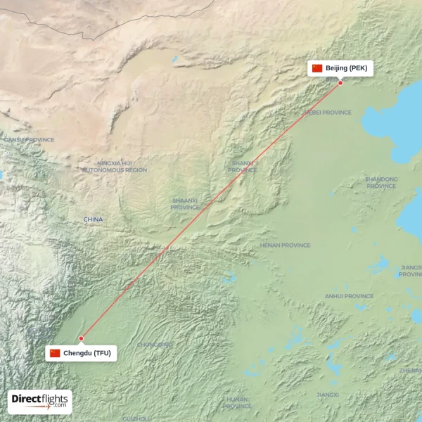 Beijing - Chengdu direct flight map
