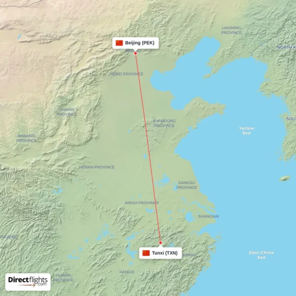 Beijing - Tunxi direct flight map