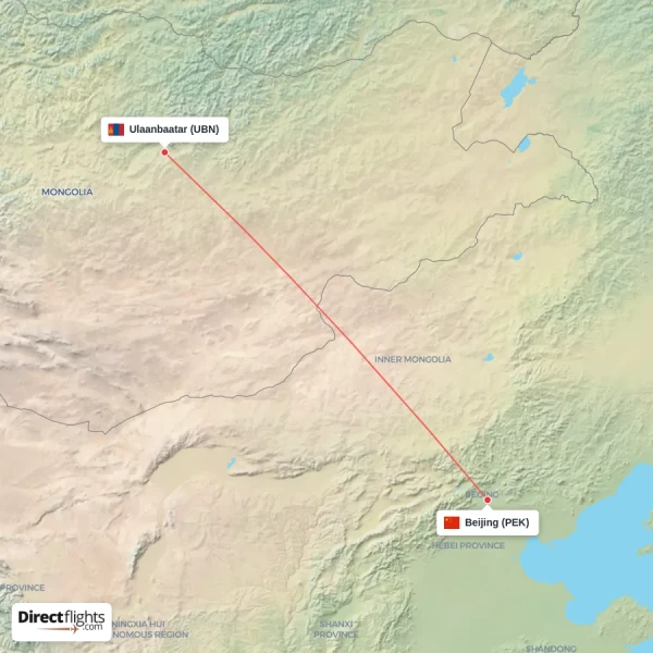 Beijing - Ulaanbaatar direct flight map