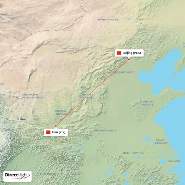 Beijing - Xian direct flight map