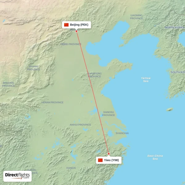 Beijing - Yiwu direct flight map