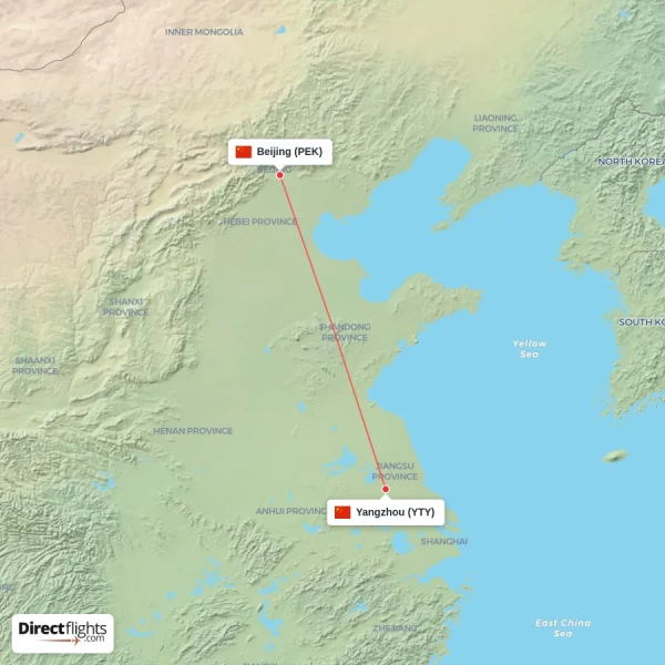 Beijing - Yangzhou direct flight map
