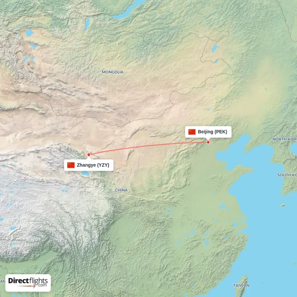 Beijing - Zhangye direct flight map