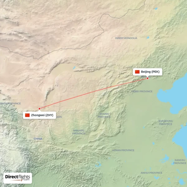 Beijing - Zhongwei direct flight map