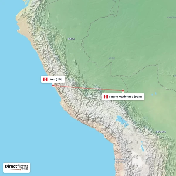 Puerto Maldonado - Lima direct flight map