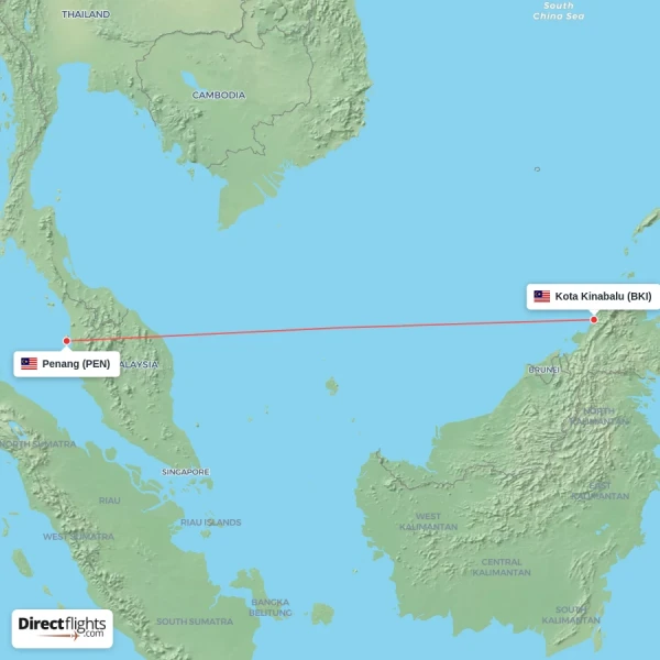 Penang - Kota Kinabalu direct flight map