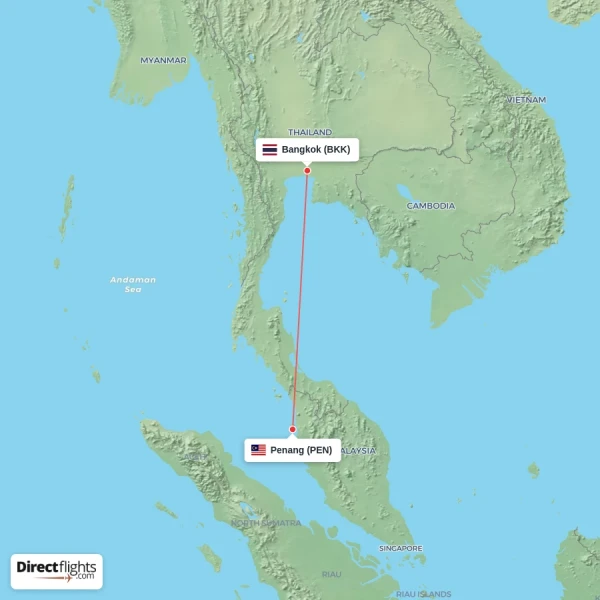 Penang - Bangkok direct flight map