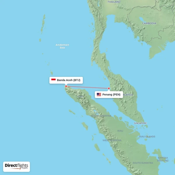 Penang - Banda Aceh direct flight map