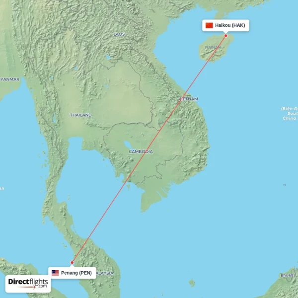 Penang - Haikou direct flight map