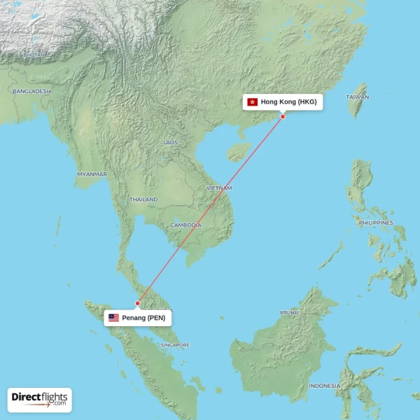 Penang - Hong Kong direct flight map