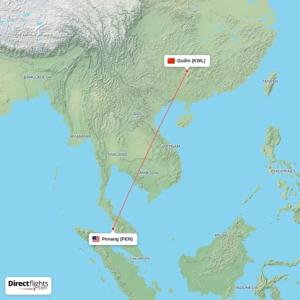 Penang - Guilin direct flight map
