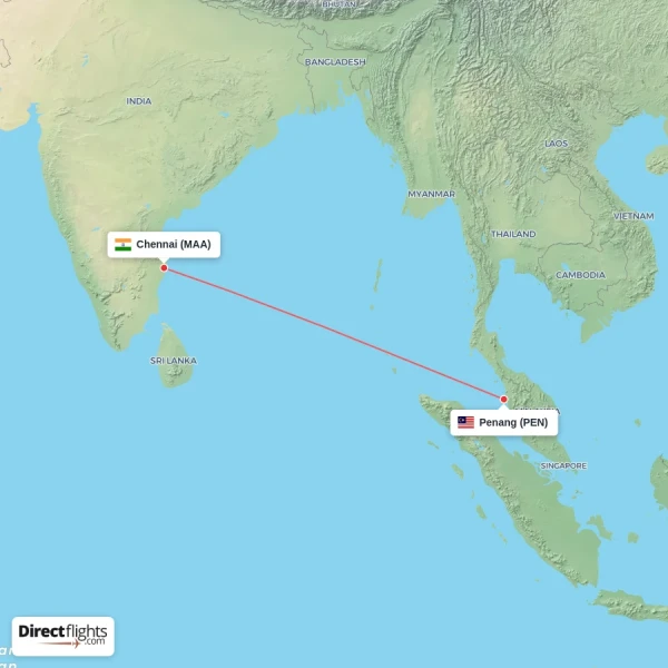 Penang - Chennai direct flight map